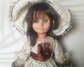 Vintage doll with stunning blue eyes, doll from 1960-1970s in antique outfit and hat, cool gift for a lover, collector of vintage dolls