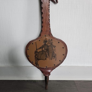 Vintage flame blower with knight on horseback, very large fireplace bellows, old fireplace accessory, rare collectors item, fireplace decor