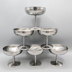 Vintage Eisschale/Dessertschale 80er Jahre, Dessertschalen aus Edelstahl 18/10, 6 große stylische Schalen auf geradem Stiel, nostalgisches Geschenk, im Cafeteria-Stil