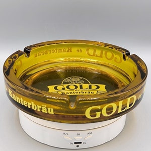 Cinzeiro vintage enorme Gold de Kanterbrau, cinzeiro de propaganda dos anos 80, cinzeiro de vidro amarelo brilhante, cinzeiro de cerveja colecionável, decoração de bar vintage