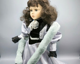 Vintage porcelain doll in pale lilac satin dress and fur scarf boa, beautiful 20s style collectible doll, gift for collector, doll lover