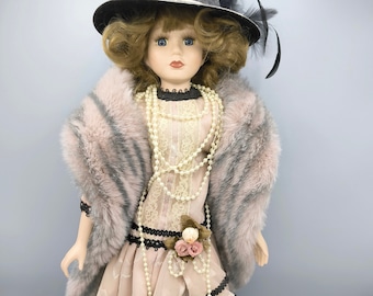 Vintage porcelain doll in 1920s style, jazz era doll in hat, fur boa, retro dress with jewellery, rare beautiful doll, gift for collector