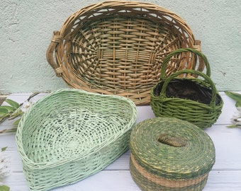 Vintage wicker green baskets, vintage French basket set, baskets for home or garden decor, vintage storage