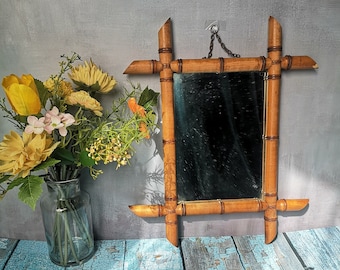 Vintage mirror 1930-50s, antique mirror faux bamboo, cardboard, metal, glass, old rustic style, farmhouse wall decor, retro gift