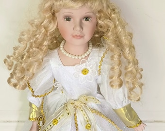 Vintage porcelain doll princess/queen, vintage doll collection, beautiful doll in royal dress with golden curly hair, fine collectors gift