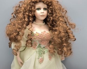 Vintage porcelain doll, Victorian doll collection, realistic Portrait Face, curly copper hair, stunning dress and hat, collector&#39;s gift