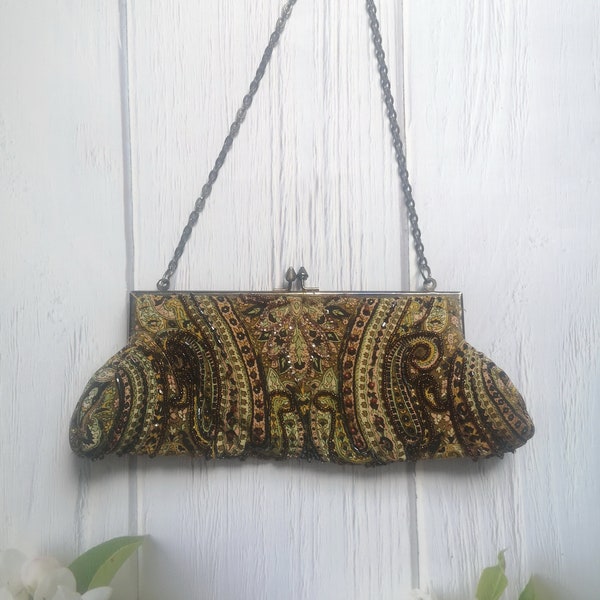 Vintage fancy purse handbag, beaded, evening retro bag with chain, mid 20th century, vintage gift, history shooting accessory, theme party