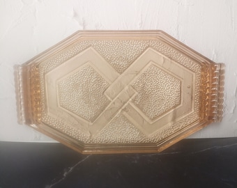 Bandeja vintage Art Déco de vidrio templado rosa, plato vintage Art Déco, plato con ornamento geométrico volumétrico, objeto coleccionable Art Déco