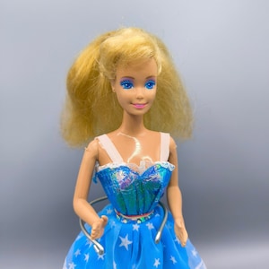 Vintage Barbie 80-90s, cute Barbie with fringes in vintage blue dress and shoes, Superstar face mould, collectible retro Barbie as a gift