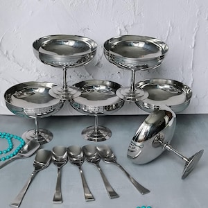 Vintage Letang Remy Eiscreme- / Dessertschalen, Set sehr große Edelstahlschalen und Löffel, schönes Servierset als Geschenk, Tischdekor