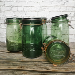Vintageburk Solidex/L'Idéale 1930-1950-tal, antik fransk burk med tätt lock, grönt glas, elegant vintage, rustik, lantlig inredning