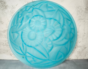 Antique Art Deco pendant chandelier by Degue, vintage round light blue chandelier with floral motif 1930s, Art Deco collectors gift