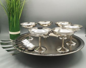 Vintage Guy Degrenne ice cream bowls 80s, set of 6 bowls, 6 spoons and tray, vintage serving of ice cream, desserts, bowls as nostalgic gift