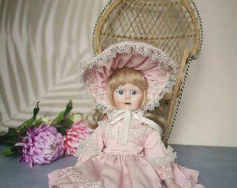 Vintage Porcelain Doll With Antique Wicker Chair, Doll With Open
