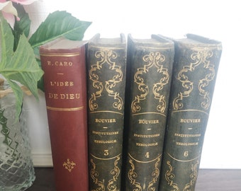 Antique French books of the 19th century, set of 4 books, old books as decor, antique shelf decoration