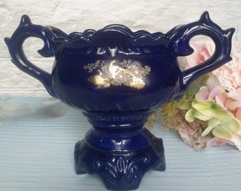 vase bleu vintage avec paons et fleurs, années 1960-70, motif doré, poignées fines, décoration de salon, Français chic