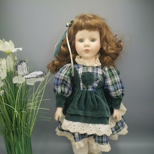 Vintage porcelain doll with freckles, cute vintage green dress, collectible doll with green eyes, vintage collector gift