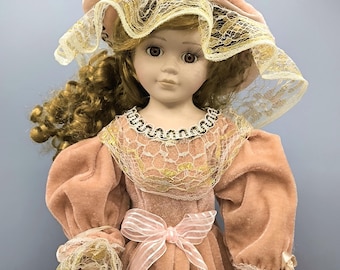 Vintage Porcelain Doll in Peach Coloured Victorian Dress and Huge