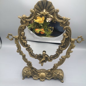 Antique mirror with cupids and shell, vintage gold brass mirror, baroque style mirror, mirror as collectors gift, excellent condition