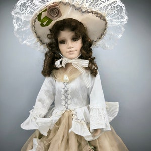 Vintage Victorian style porcelain doll, 1980s brunette collectible doll with huge hat, tall doll in a lush dress, collector gift, room decor
