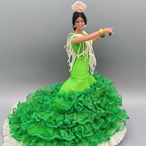 Vintage Marin Chiclana in green dress, Spanish flamenco dancer with castanet, vintage regional doll of Spain, collectors gift