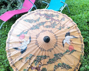 Vintage parasol, large Japanese parasol with cranes, rice paper/bamboo, mid 20th century, home decor, backdrop for photography, rare gift