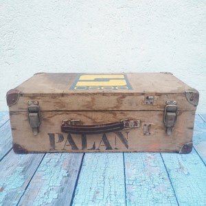 Vintage wooden suitcase, old box with handle and inscriptions, rare home or industrial decor, antique large suitcase box for decoration