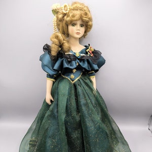 Vintage porcelain doll beauty, Victorian doll, doll in gorgeous vintage blue-green coloured dress, stunning doll collection as a gift