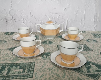 Vintage Art Deco kaffeservis Union K Tjeckoslovakien, 1930-talet, sällsynt samlarporslin, samlargåva, mycket gott skick