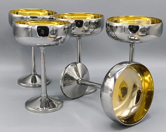 Grandes glaces/desserts/champagne/bols vintage des années 1980, Italie, acier inoxydable avec placage à l'or, grands bols élégants, collection de vaisselle