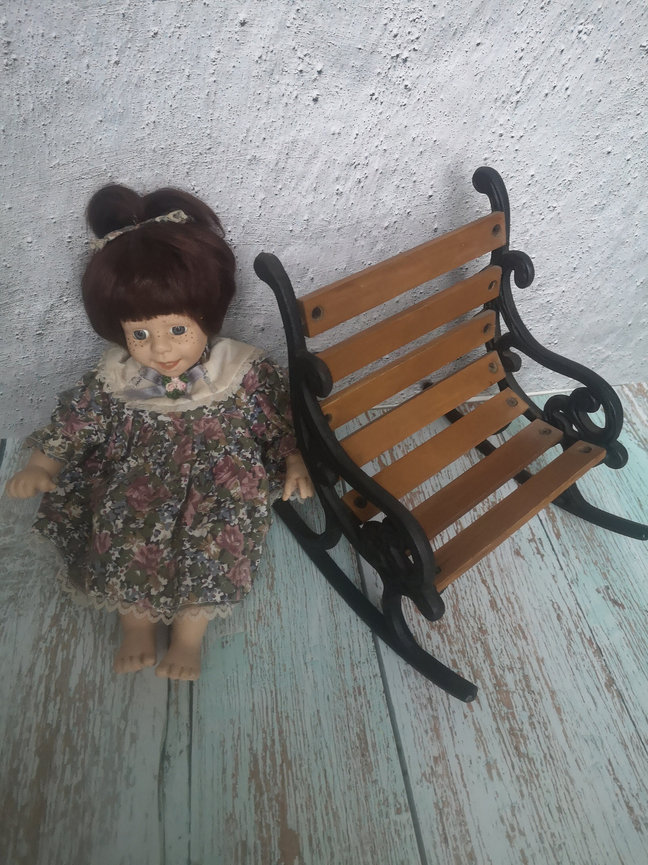 Vintage Porcelain Doll in a Rocking Chair, Funny Doll With