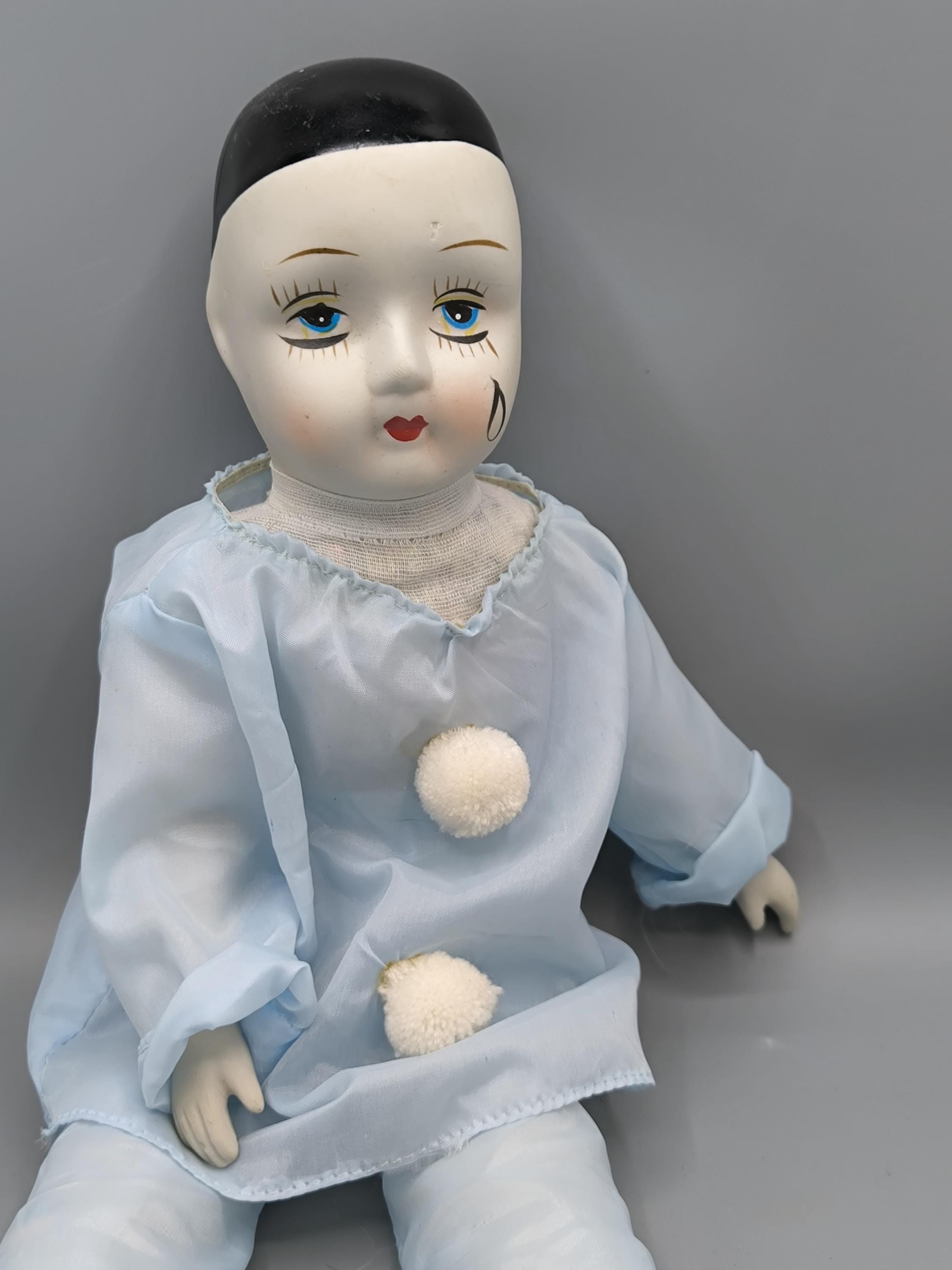 Vintage Porcelain Pierrot, Pierrot Doll With Rag Body, Sad French