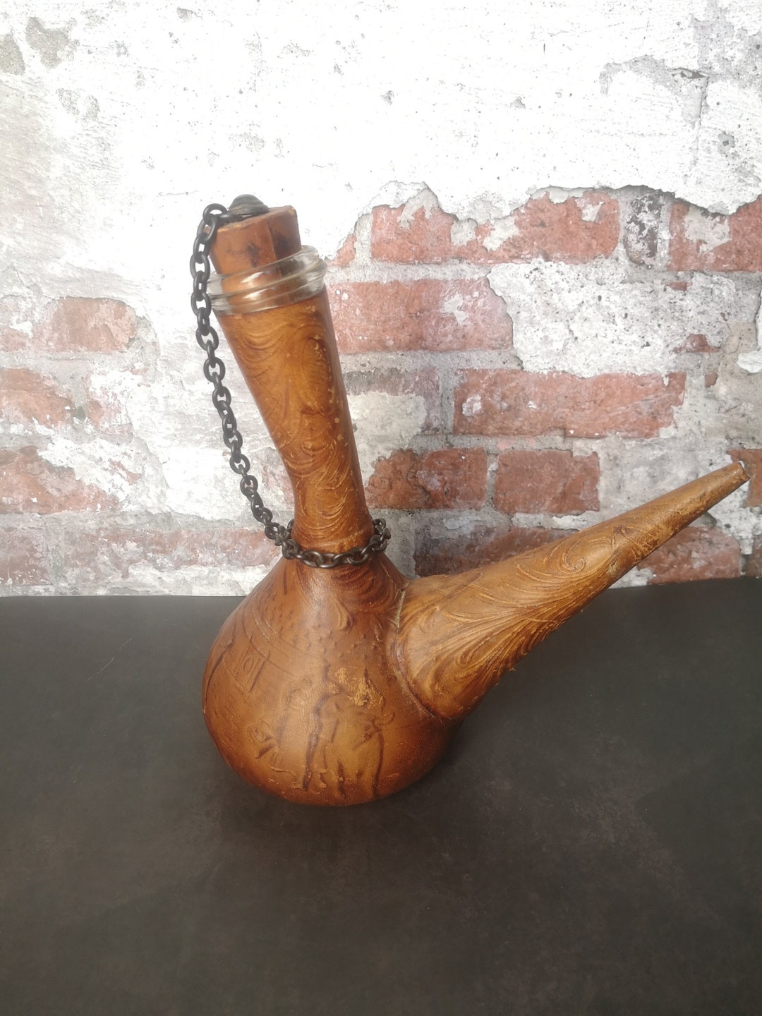 Vintage Fine Jug With Cork on Chain Glass and Leather Etsy