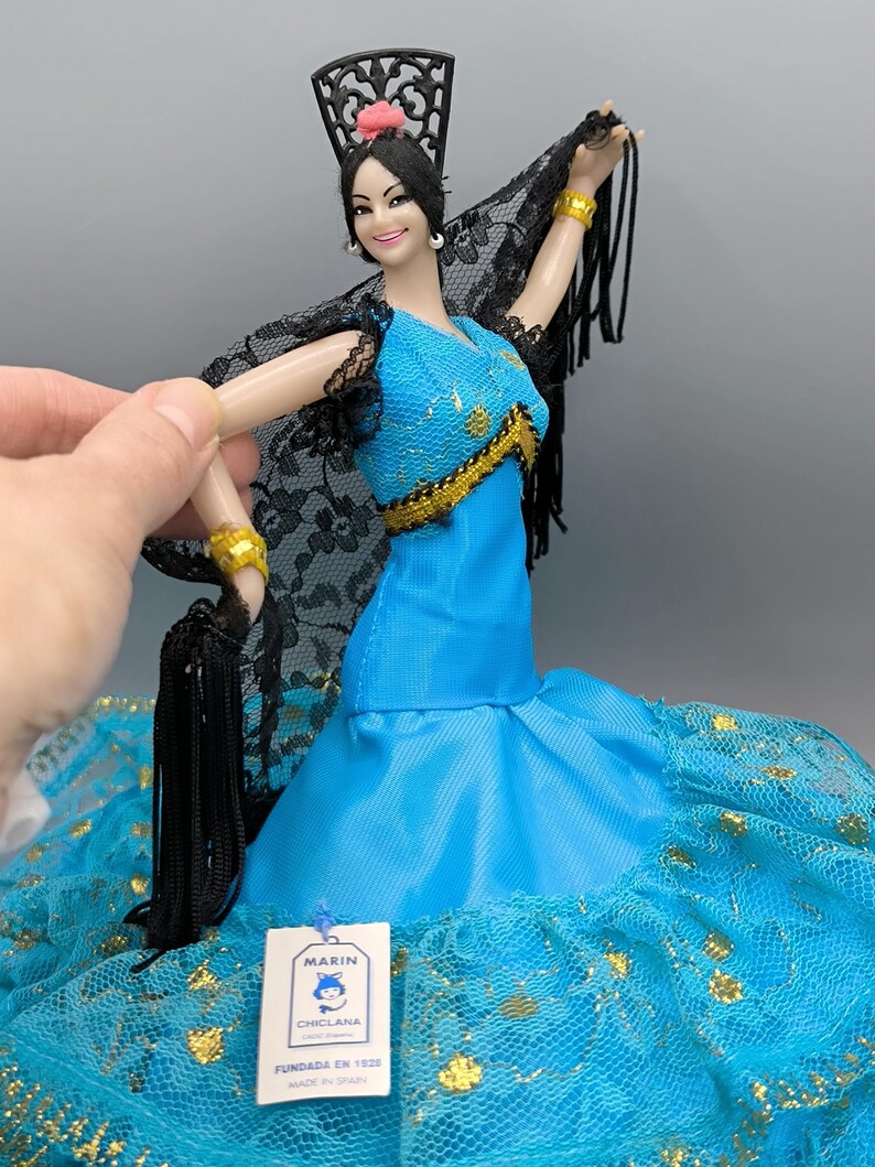 Vintage Marin Chiclana Doll in Light Blue Dress With Gold Pattern