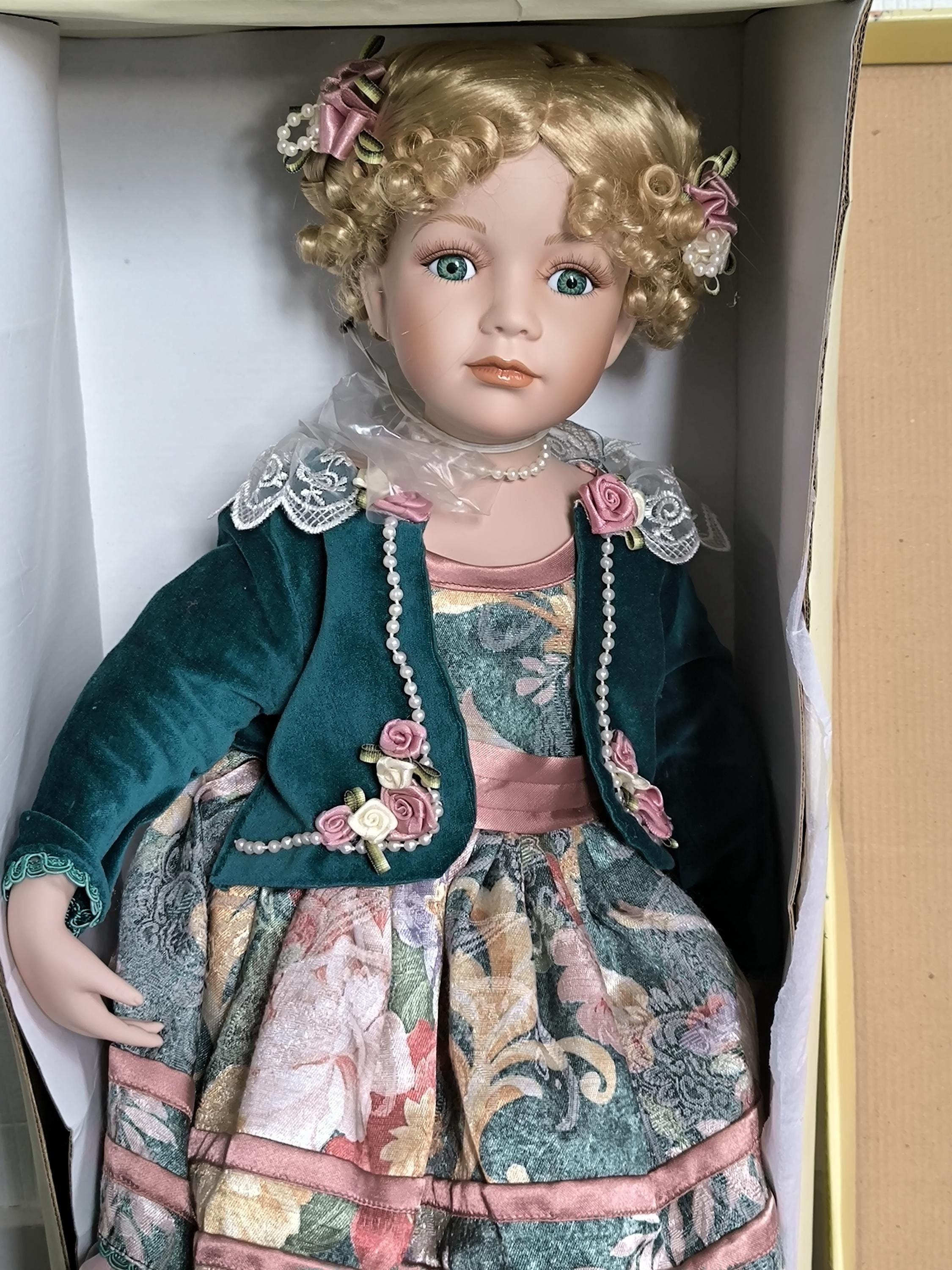 Vintage Porcelain Doll in a Box, Large Blonde Doll With Green Eyes