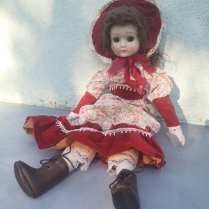 Vintage doll with porcelain head, arms and legs, rag body, cute vintage style collectible doll, doll in red dress, doll collector&#39;s gift