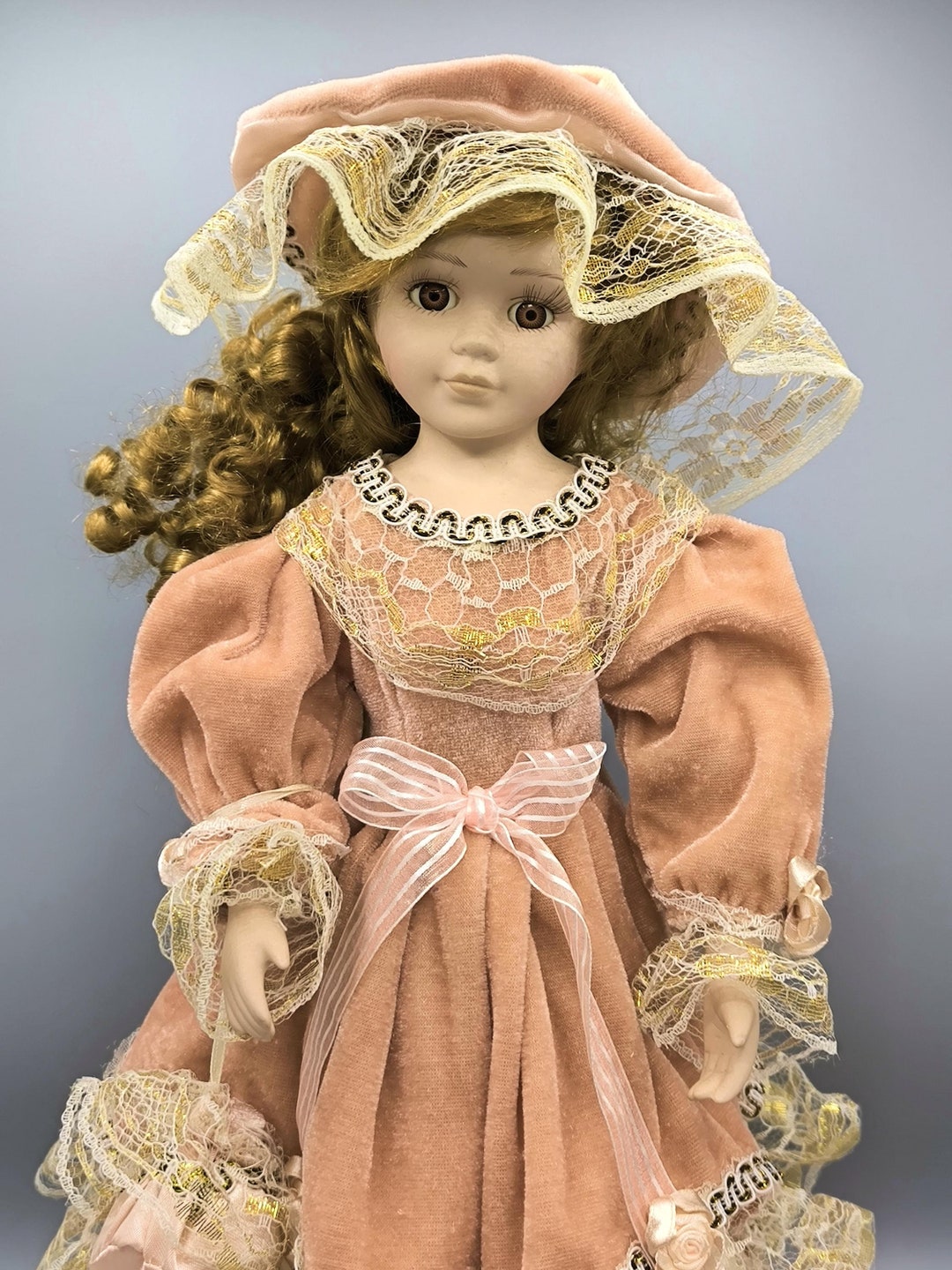 Vintage Porcelain Doll in Peach Coloured Victorian Dress and Huge Hat,  Victorian Dress Doll, Apricot Dress Doll, Collector's Gift