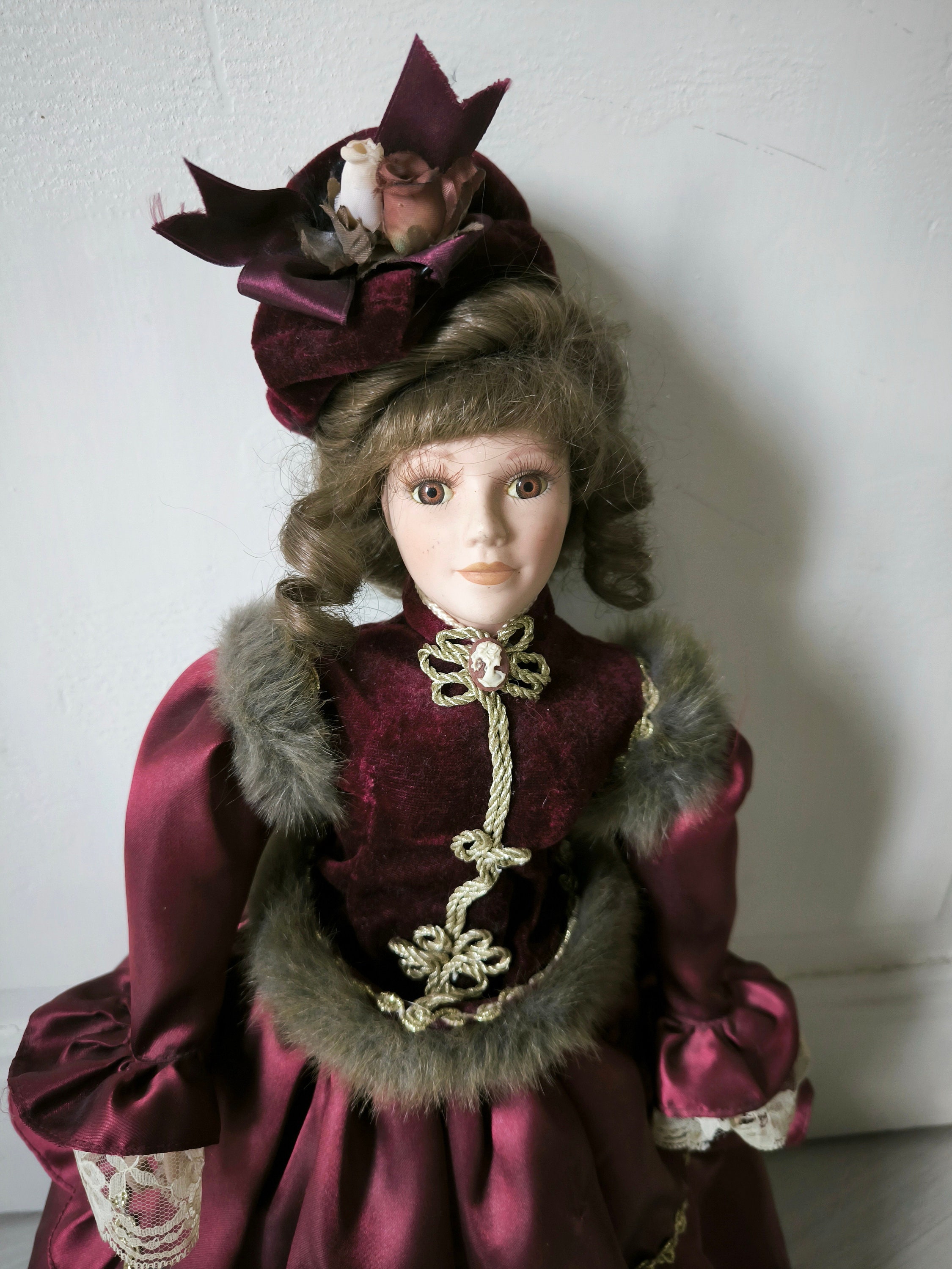 Vintage 60s Tall Porcelain Doll in Burgundy Victorian Outfit