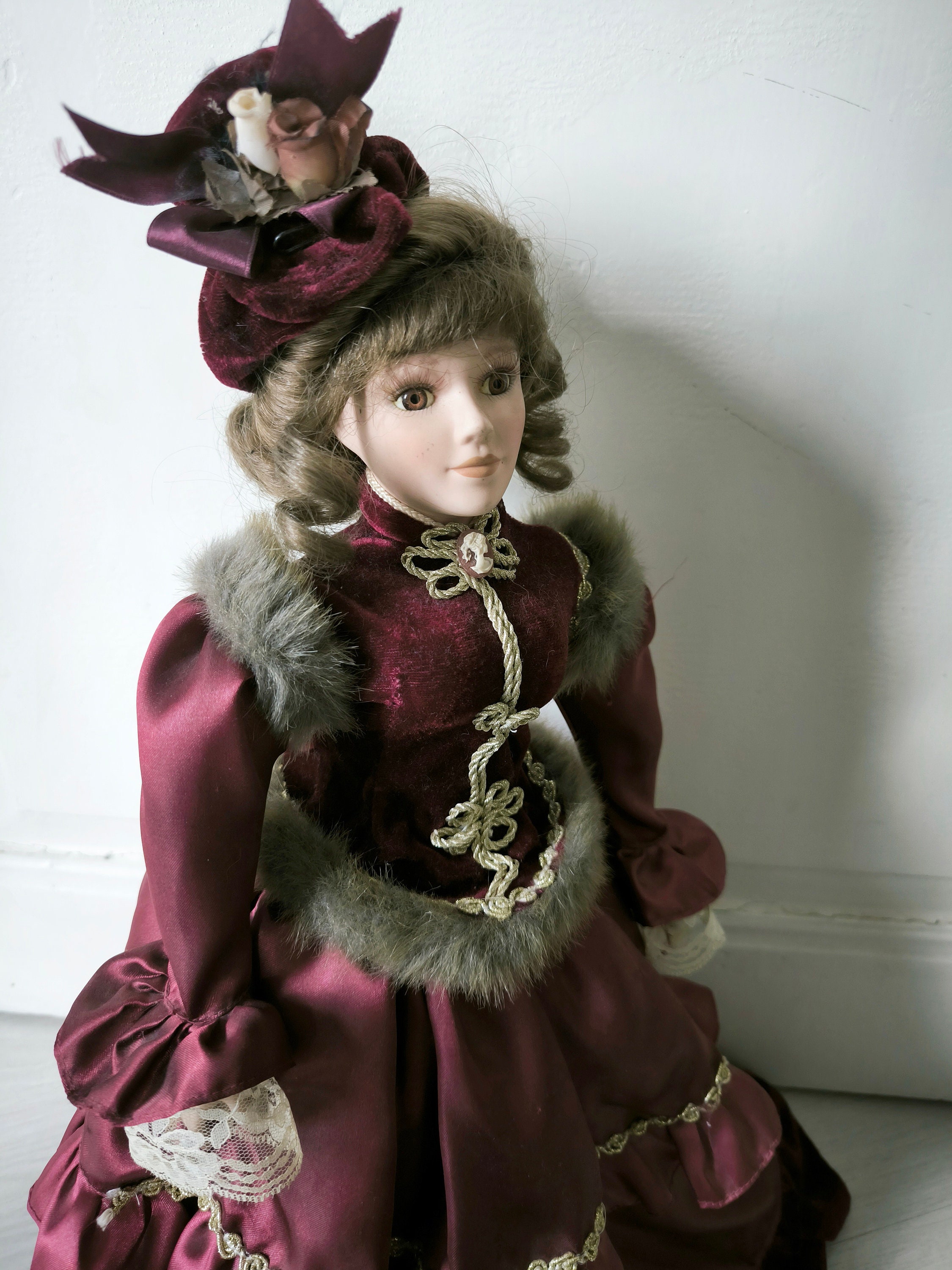 Vintage 60s Tall Porcelain Doll in Burgundy Victorian Outfit