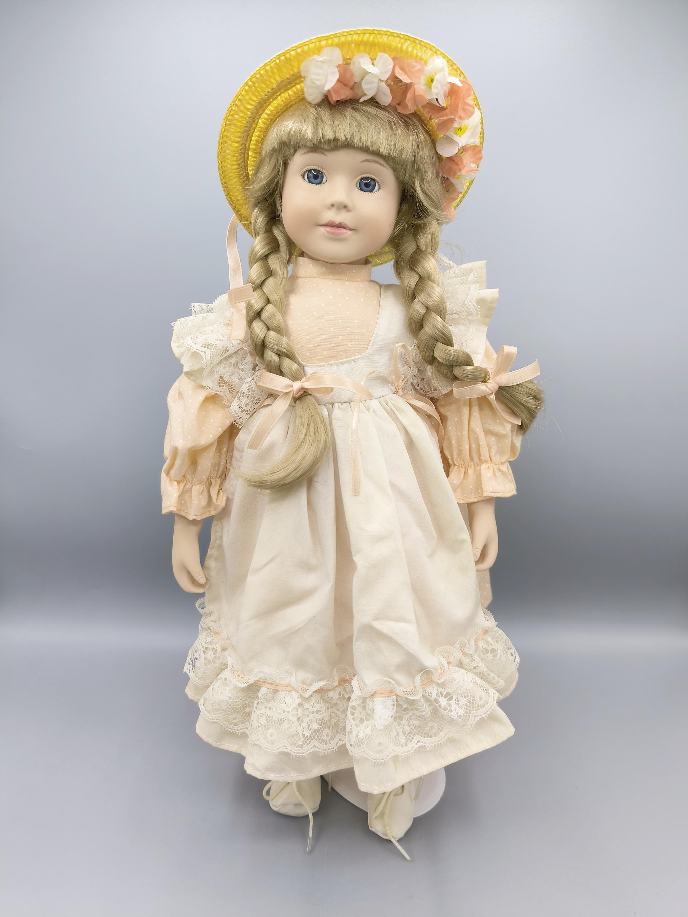 Porcelain Doll Blond Braids Hair Floral Print & White Lace Dress 16\