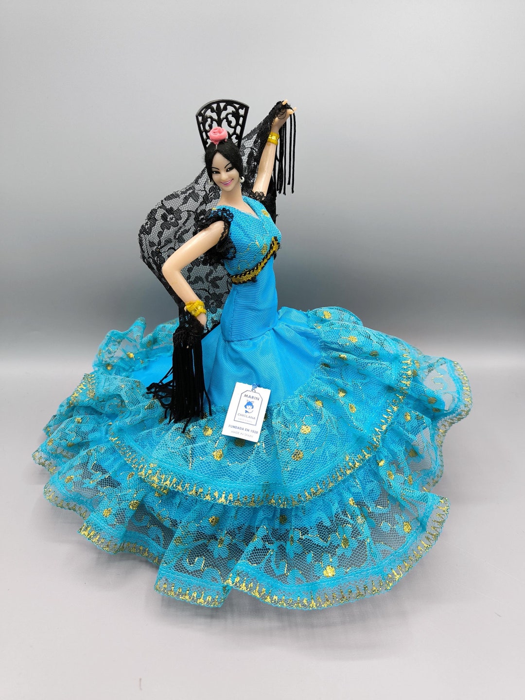 Vintage Marin Chiclana Doll in Light Blue Dress With Gold Pattern