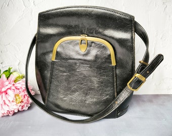 sac Texier en cuir vintage, sac élégant noir français des années 70, accessoire vintage, création de vitrine rétro, cadeau vintage pour elle