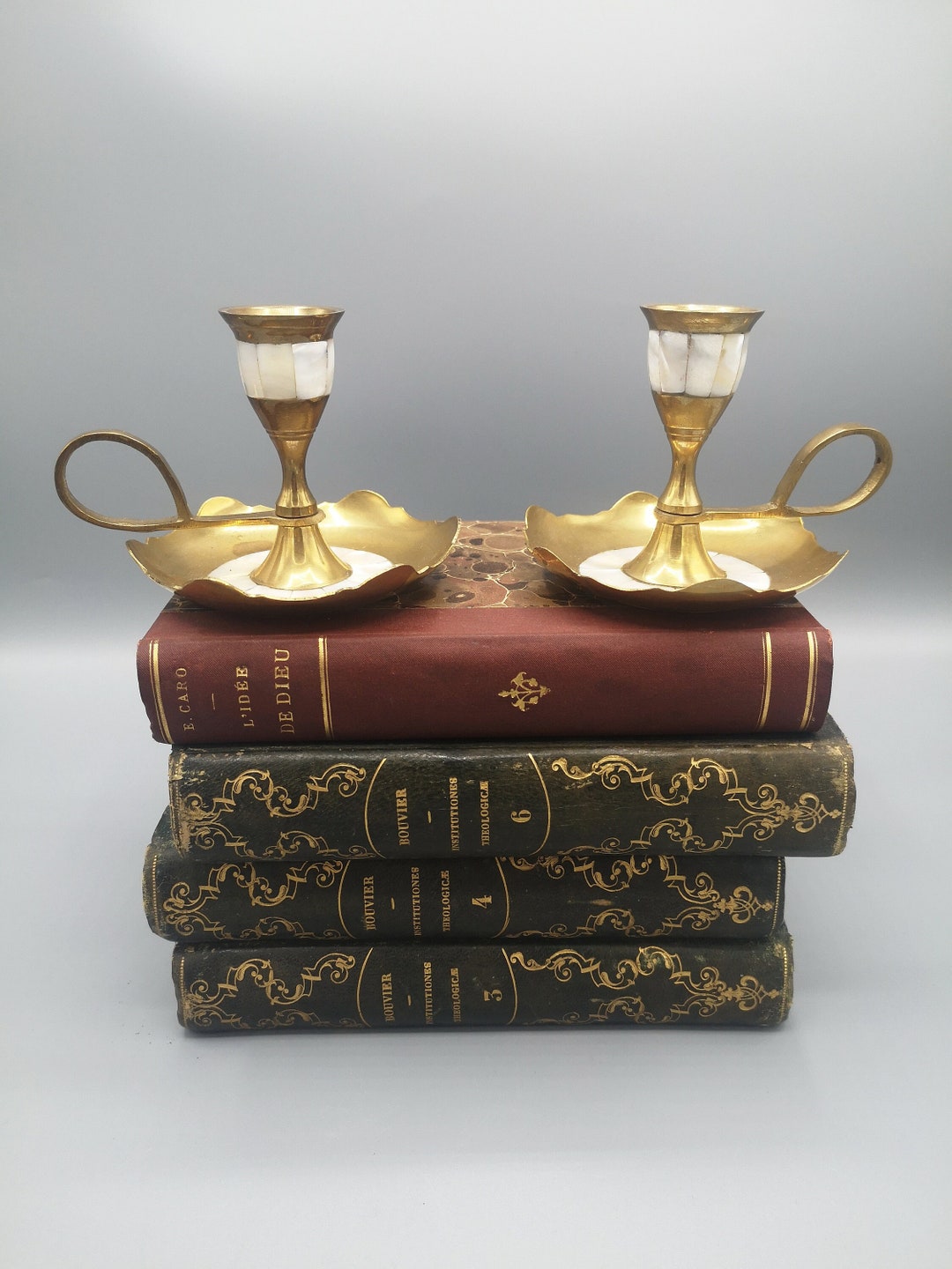 Vintage Gold Candlesticks Holders, Brass and Motherofpearl, 1940