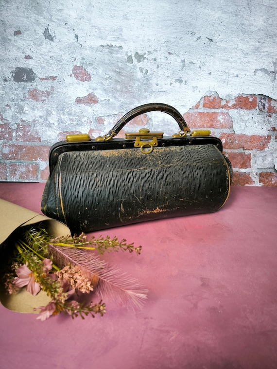 Vintage doctor's bag 1930s, travelling leather bag, antique black bag as decorarion