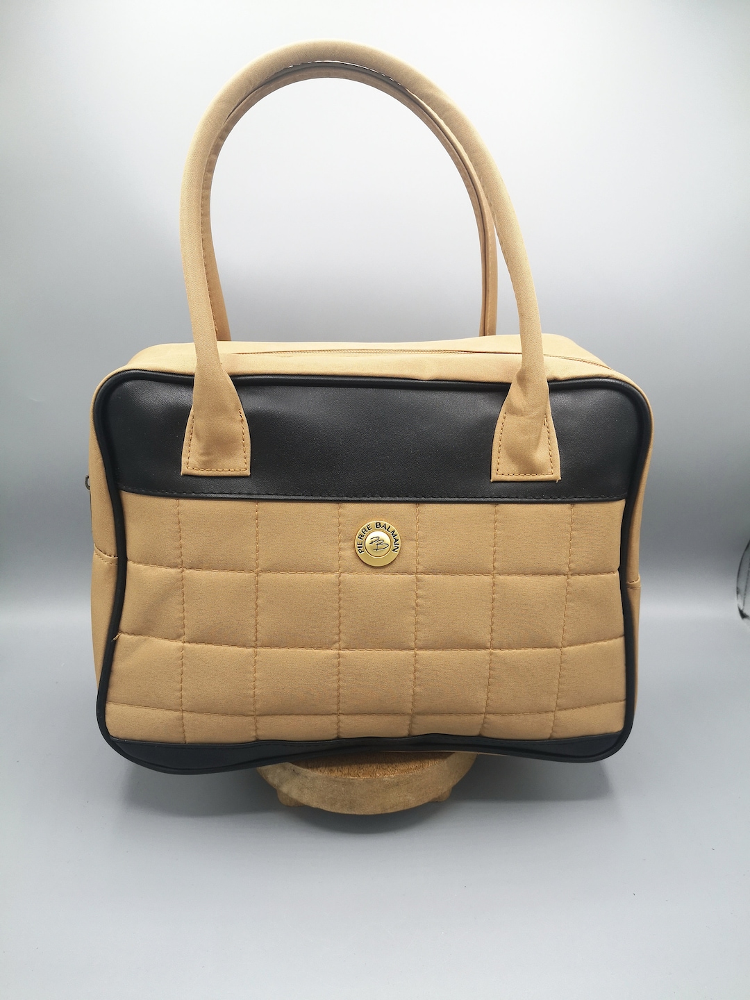Vintage French Bag Pierre Balmain, Small Travel Bag, Beige and