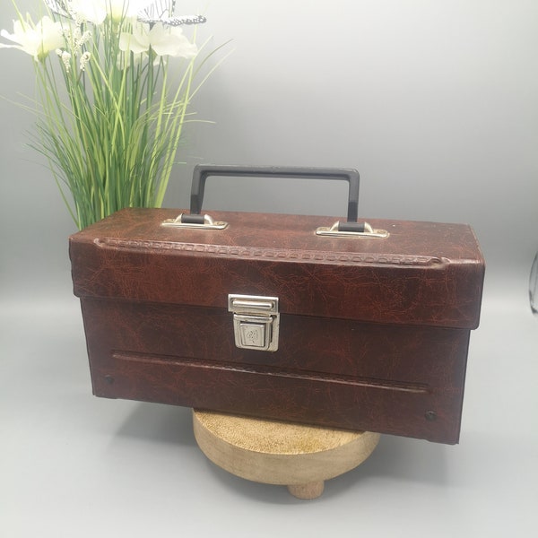 Vintage small suitcase with handle, cardboard and imitation leather, antique brown suitcase 60-70s, french storage case, room decor