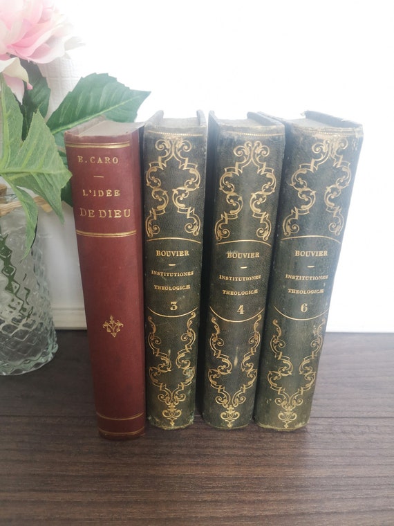 19世紀のフランスのアンティークの本、4冊セット、装飾としての古い本