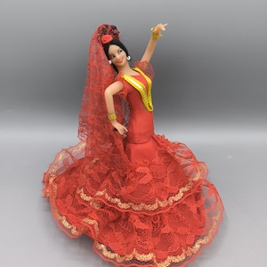 Vintage Marin Chiclana in bright red dress with gold, doll flamenco dancer, Spanish doll 1980s, gift for collector, flamenco lover