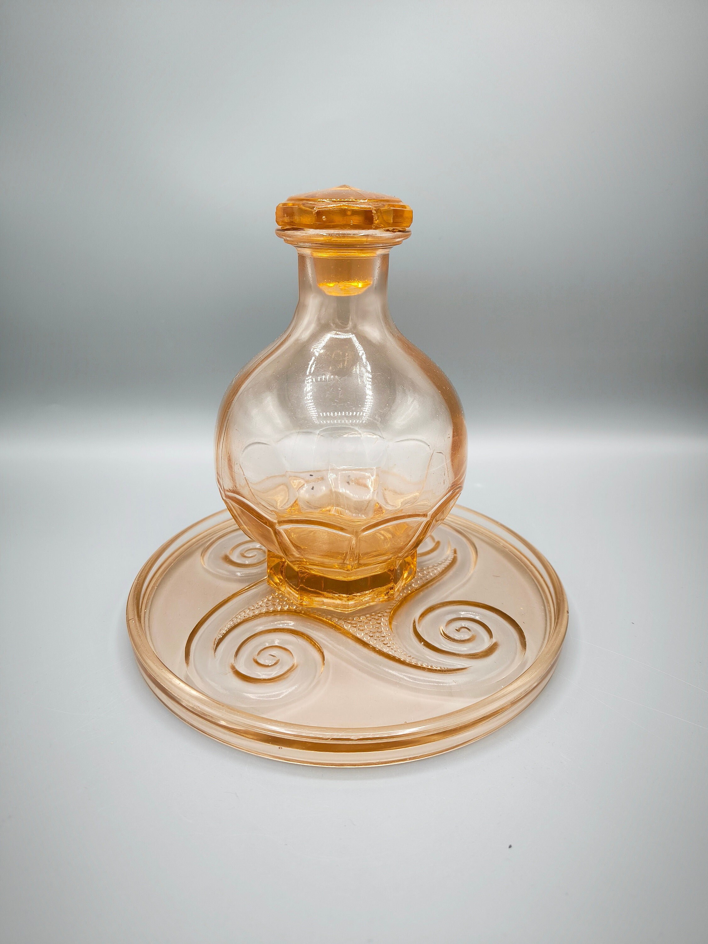 Vintage Art Deco 1950s Pink Glass Decanter With Tray, Collectible