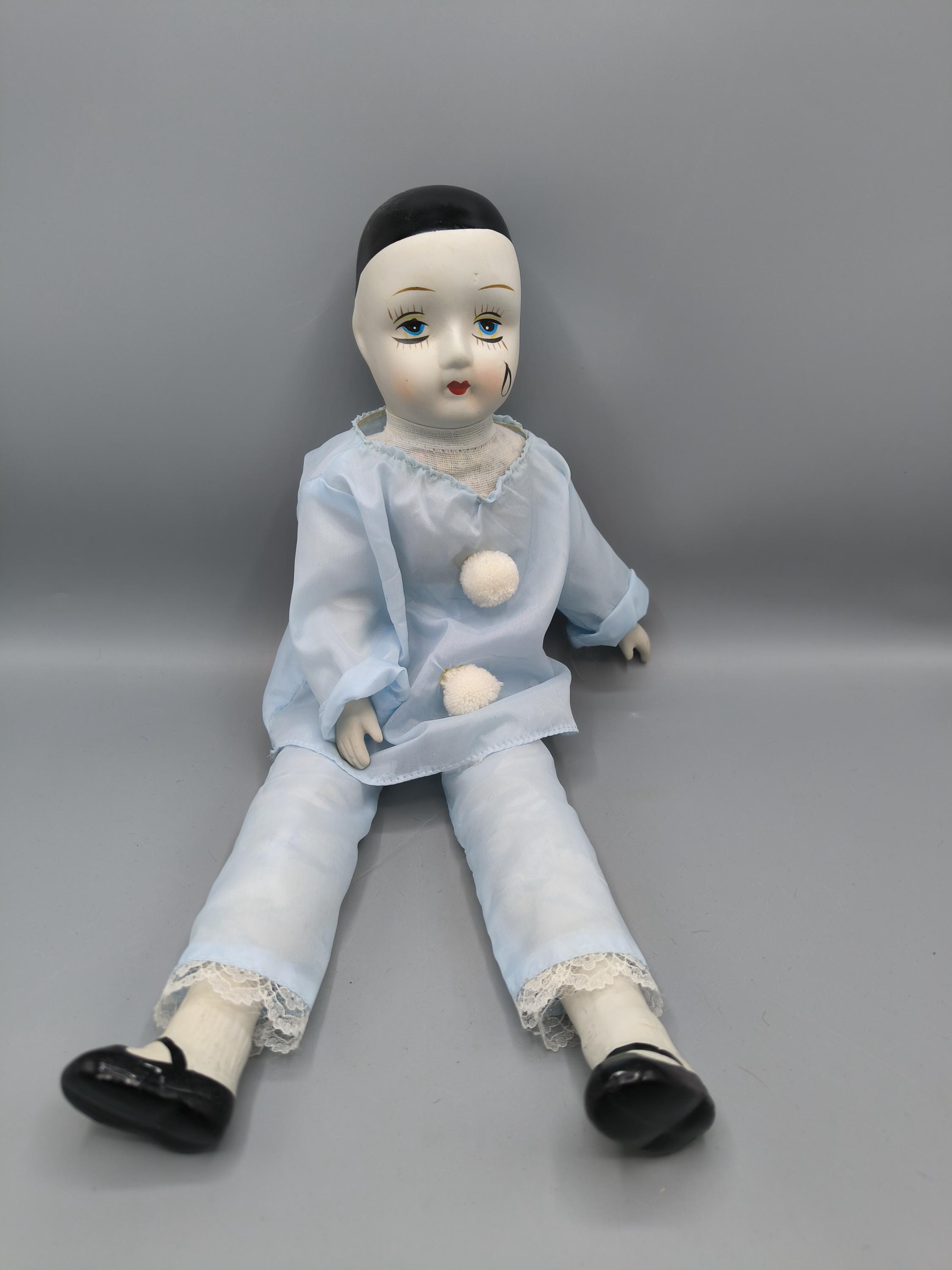 Vintage Porcelain Pierrot, Pierrot Doll With Rag Body, Sad French